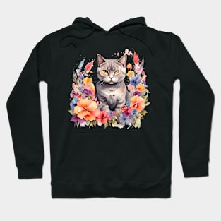 A british shorthair cat decorated with beautiful watercolor flowers Hoodie